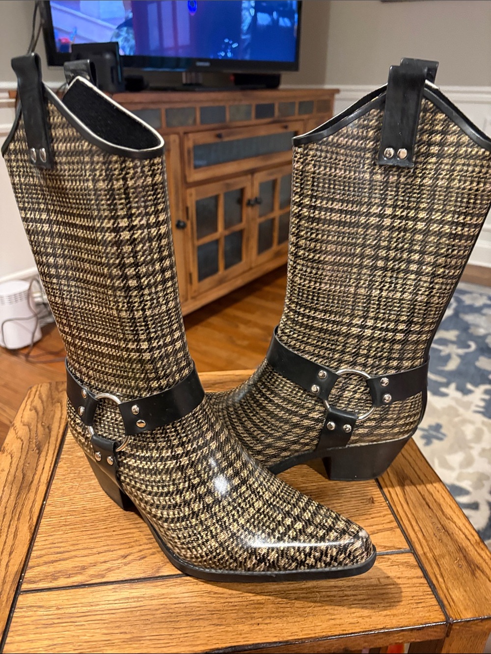 Woven Houndstooth Western Boots - Black & Tan
